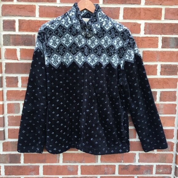 VTG 90s Talbots Fleece Zip Jacket Med Black Cream Fair Isle Icelandic Snowflake - Picture 1 of 8
